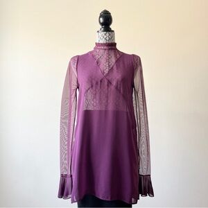 Zara Woman Chiffon Sheer Mock Neck Long Sleeve Tunic Blouse Size S